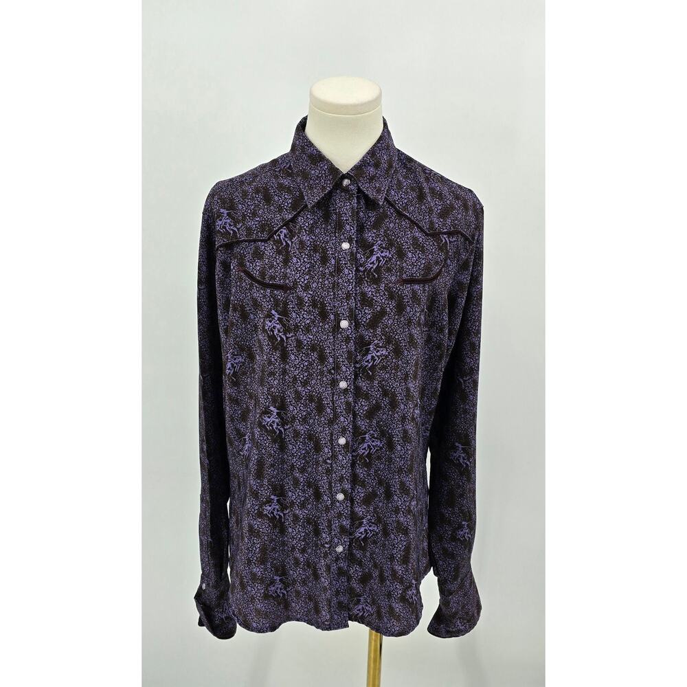 Vintage‎ Y2K Wrangler Western Pearl Snap Shirt Brown & Purple Rodeo Print Large